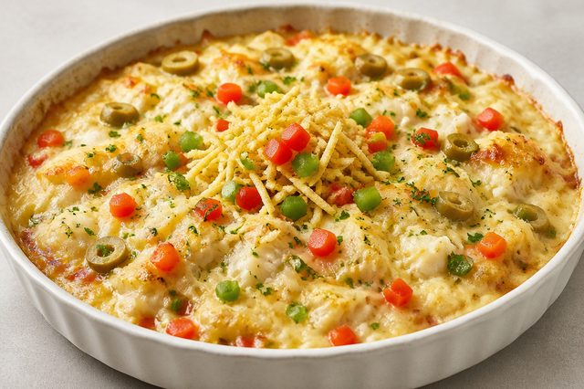 Bacalhau gratinado com pimentões e azeitonas