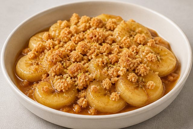 Banana quente com doce de leite e crumble