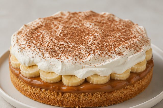 Banoffee com cobertura de chocolate em pó e canela
