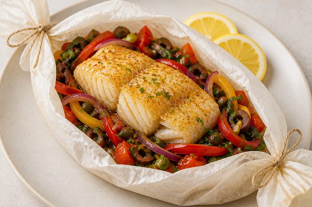 Barquinha de bacalhau com legumes e alcaparras