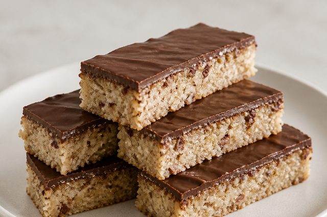 Barrinhas assadas de banana, coco e chocolate