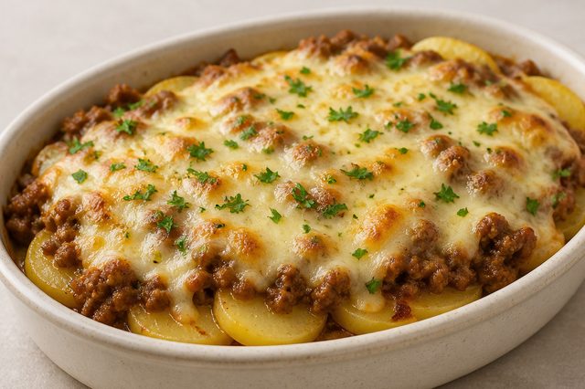 Batata assada com carne moída e muçarela