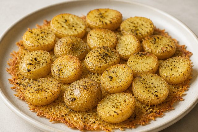 Batata bolinha assada sobre crosta de parmesão