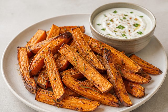 Batata-doce assada com molho de iogurte e ervas