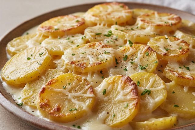 Batata gratinada ao molho branco com alho