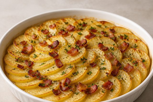 Batata em camadas com tomilho e bacon