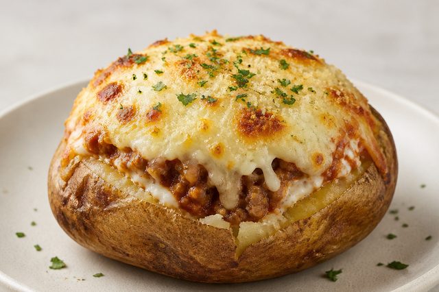 Batata recheada com bolonhesa e molho branco