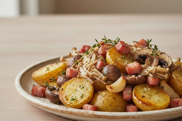 Batatas assadas com cogumelos e bacon