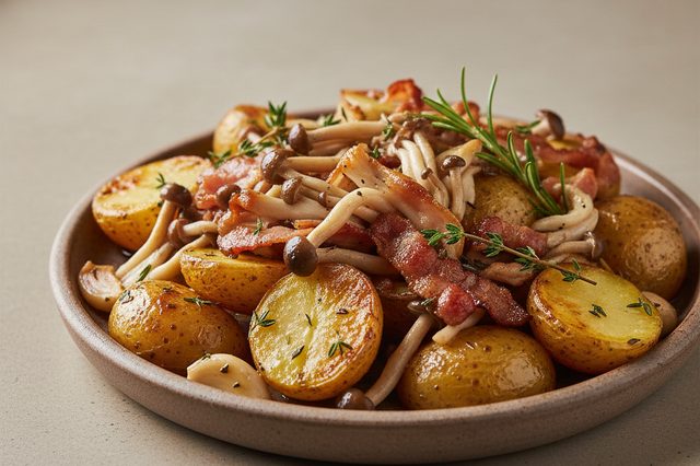Batatas assadas com cogumelos shimeji e bacon