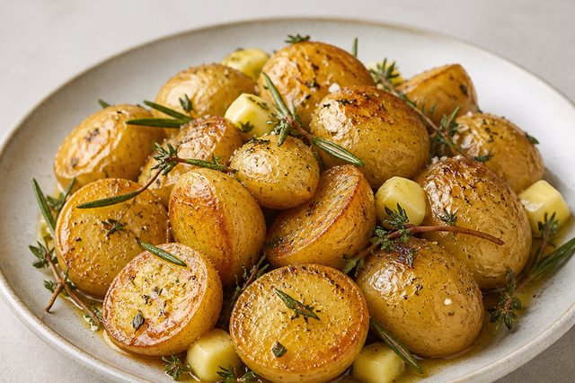 Batatas bolinha na frigideira com alecrim e tomilho