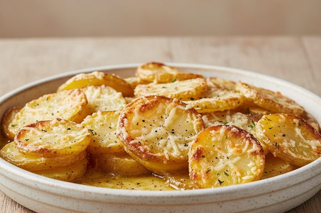 Batatas fatiadas assadas com parmesão