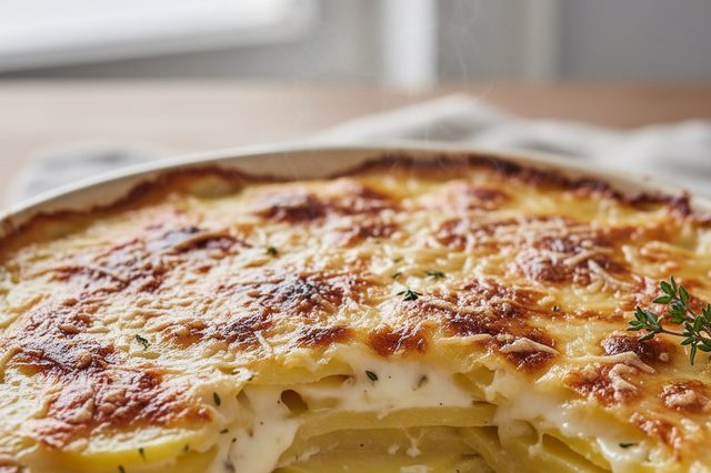 Batatas gratinadas com molho branco e queijo