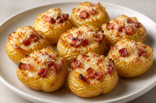 Batatinhas crocantes com bacon e queijo