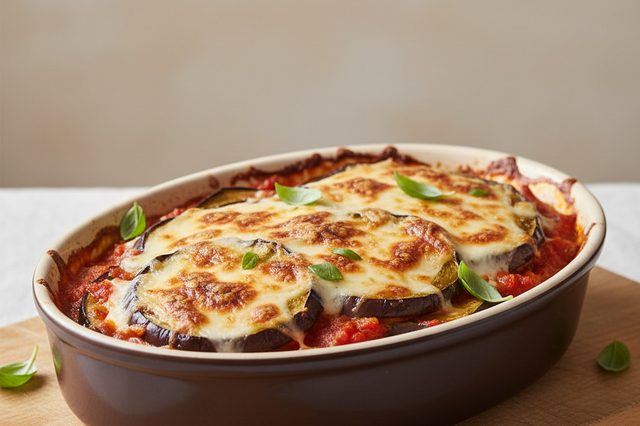 Berinjela assada gratinada com molho de tomate