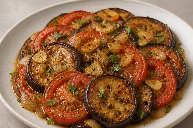 Berinjela com tomate e alho na frigideira