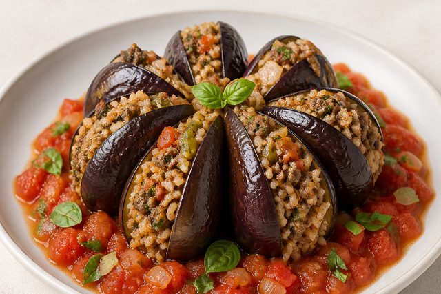 Berinjela em flor recheada com carne e arroz