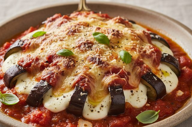 Berinjela em leque com muçarela e molho de tomate