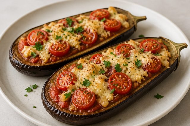 Berinjela recheada com tomate-cereja e queijo vegano