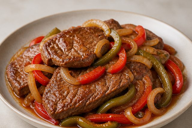 Bife de contrafilé na pressão com pimentões