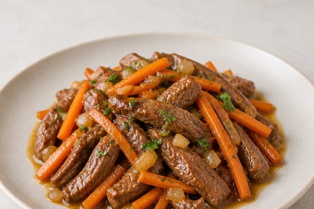 Bife em tiras com cenoura e molho