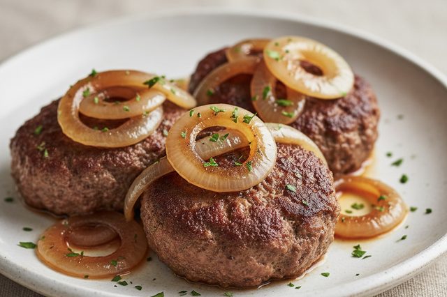 Bifes de carne moída acebolados