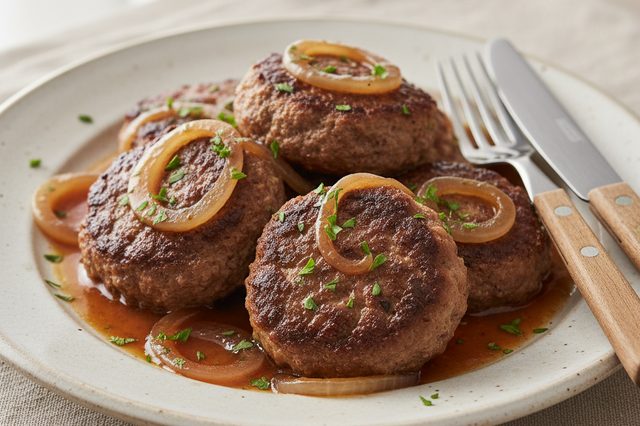 Bifes de carne moída com molho de cebola