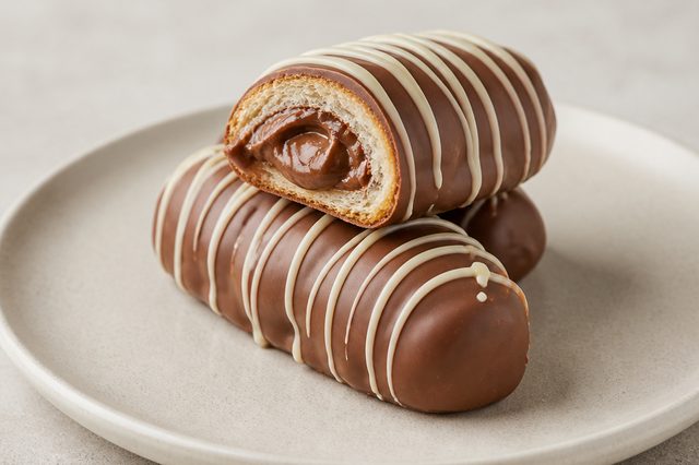 Bisnaga doce recheada com creme de avelã e banhada em chocolate