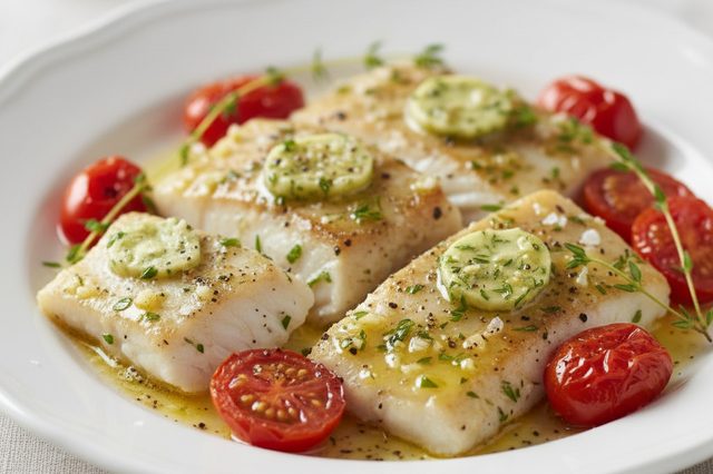 Black cod com manteiga de ervas e tomate