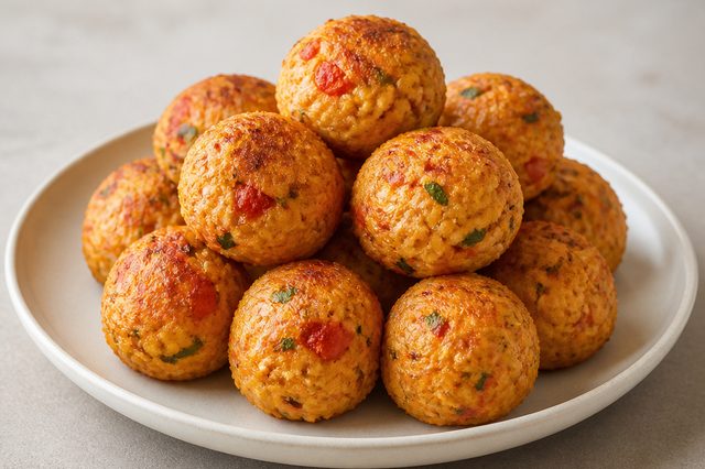 Bolinhos de arroz com tomate, manjericão e tapioca