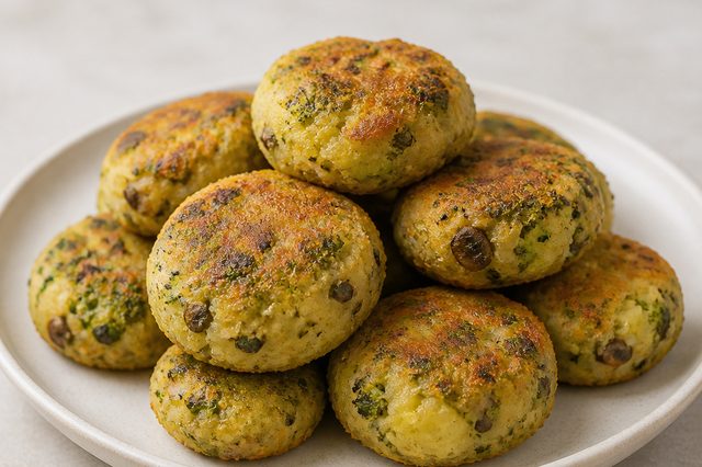 Bolinhos de batata com brócolis e cogumelos