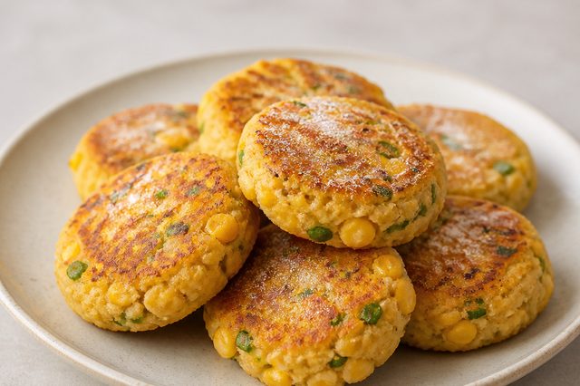 Bolinhos de milho e grão-de-bico na frigideira
