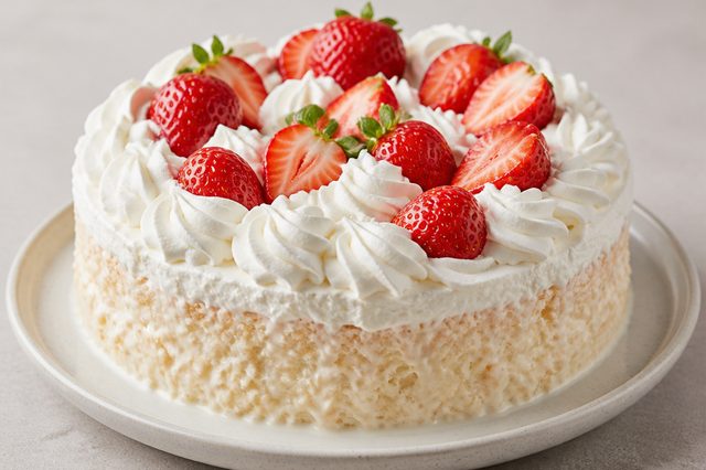 Bolo alagado de quatro leites com chantilly e morangos