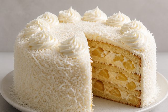 Bolo amanteigado com creme de coco e abacaxi