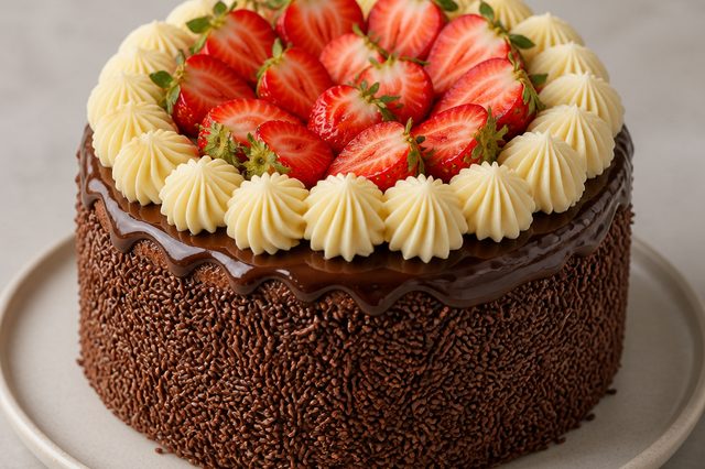 Bolo bombom de morango com brigadeiro branco