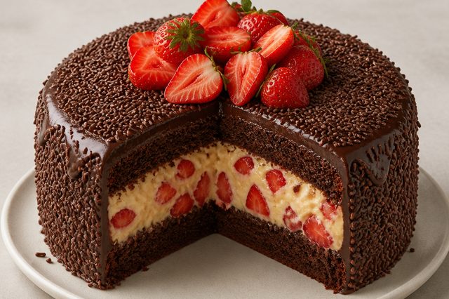 Bolo bombom de morango com creme belga