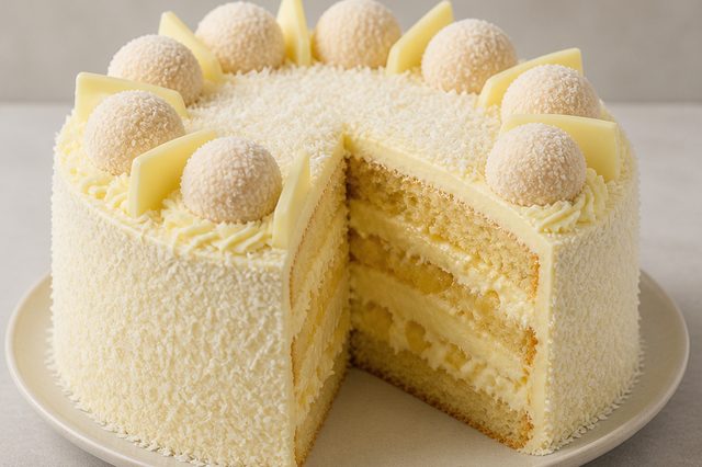Bolo de abacaxi com creme e cobertura amanteigada
