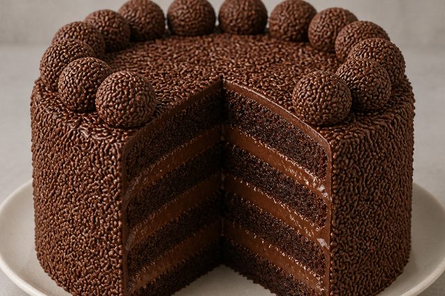 Bolo de aniversário de chocolate com quatro camadas e brigadeiros