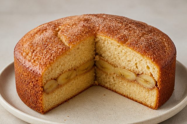 Bolo de banana com camada de fruta no meio