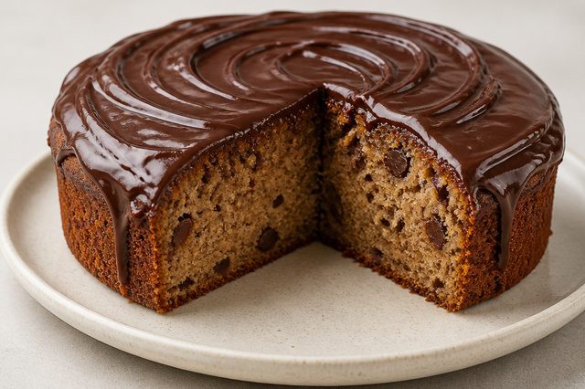 Bolo de banana com tâmaras e ganache intensa