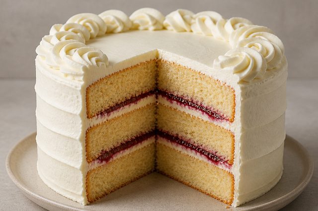 Bolo de baunilha com buttercream e geleia