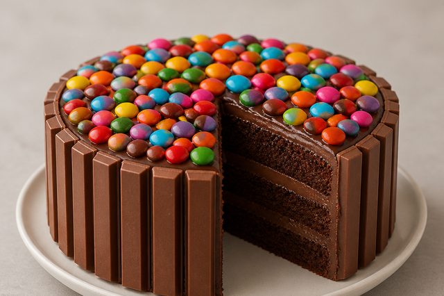 Bolo de brigadeiro com wafer e confeitos coloridos