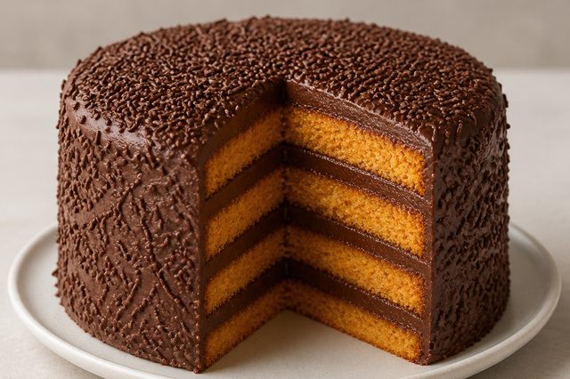 Bolo de cenoura em quatro camadas com ganache batida