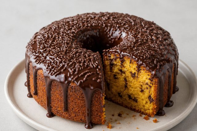 Bolo de cenoura formigueiro com calda de achocolatado