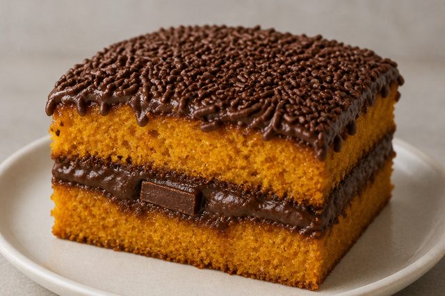 Bolo de cenoura recheado com barras de chocolate e brigadeiro