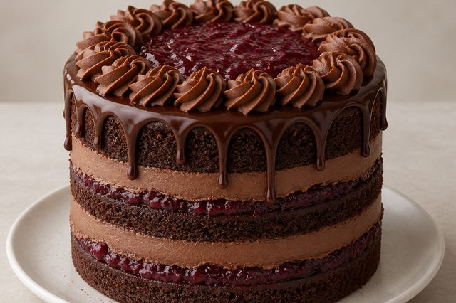 Bolo de chocolate com buttercream e geleia de frutas vermelhas