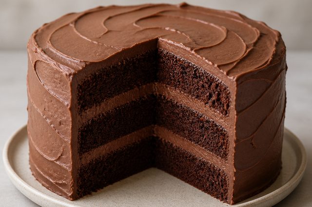Bolo de chocolate com café e cobertura amanteigada