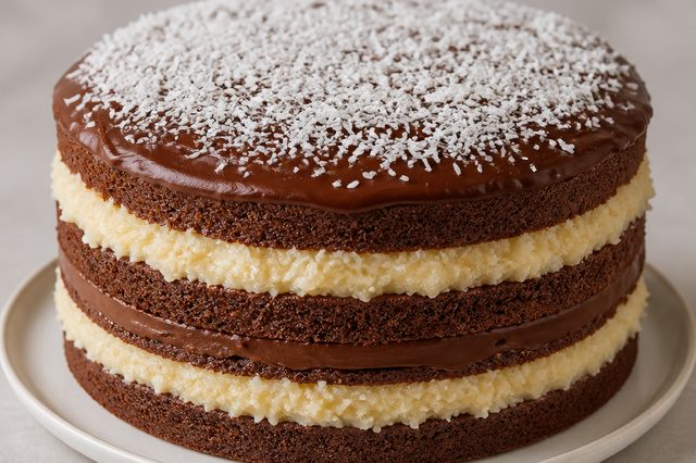 Bolo de chocolate com camadas de beijinho e ganache