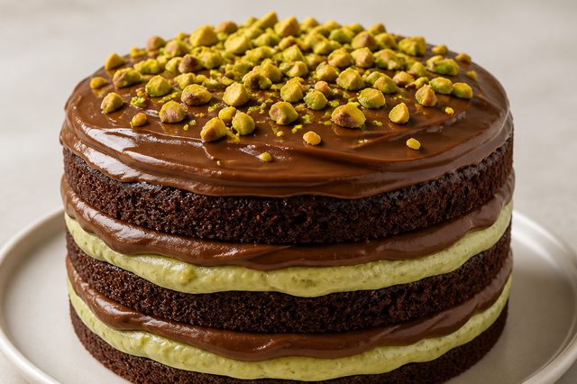 Bolo de chocolate com ganache de pistache e brigadeiro