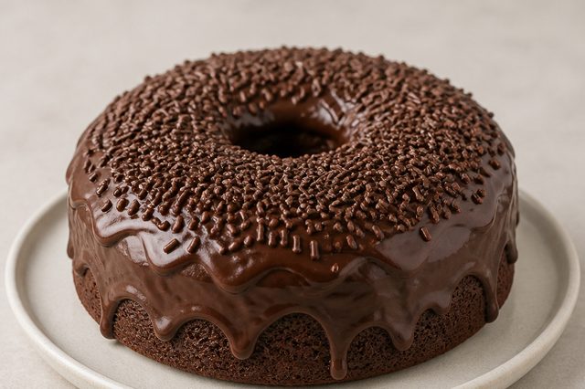 Bolo de chocolate com leite e limão coberto com brigadeiro