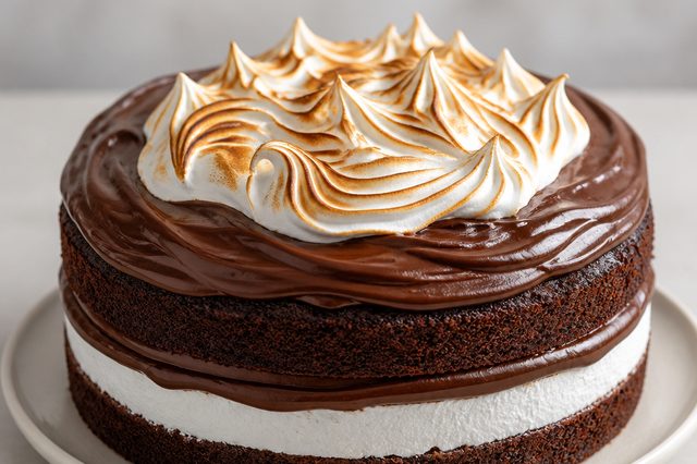 Bolo de chocolate e café recheado com merengue italiano